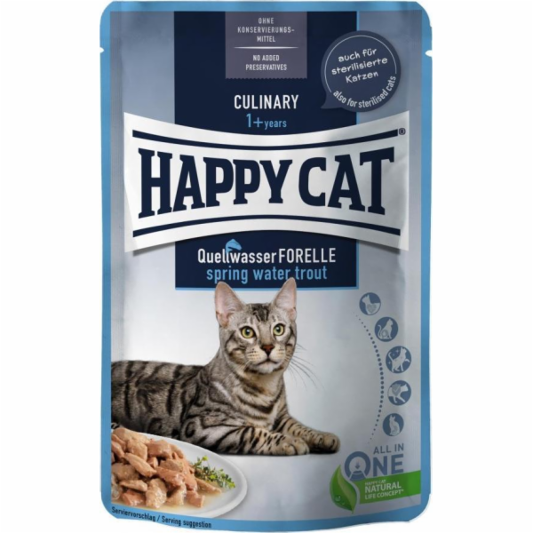 Happy Cat Culinary Mas v omáčce Jarní voda Pstruh, vlhké krmivo, pro dospělé kočky, pstruh, 85 g, sáček