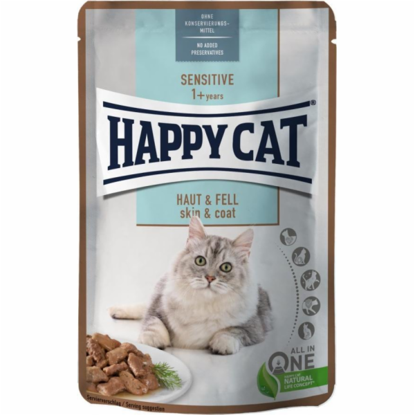 Happy Cat Sensitive Maso v omáčce Skin & Coat, vlhké krmivo, pro dospělé kočky, pro zdravou kůži a srst, kuře a losos, 85 g, sáček