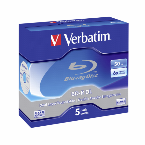 1x5 Verbatim BD-R Blu-Ray 50GB 6x Speed, white blue Jewel Case