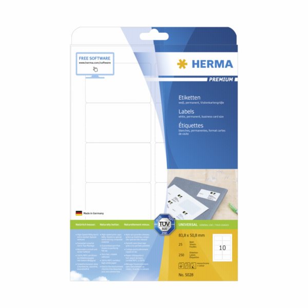 Herma Premium etikety A4, bílé, matný papír, 250 ks, zaoblené rohy. (5028)