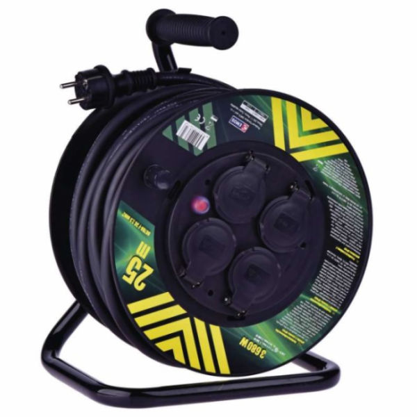 Venkovní prodlužovací kabel na bubnu 25m / 4 zás. / černý / guma-neopren / 230V / 2,5mm2