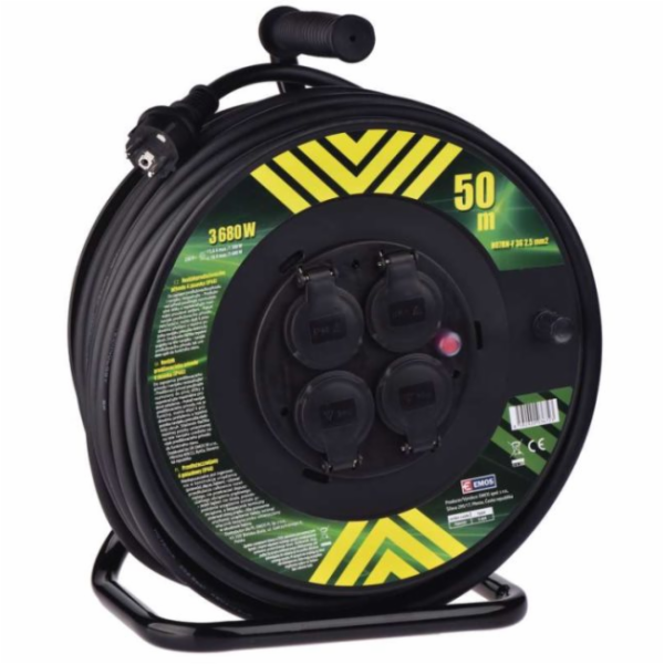 Venkovní prodlužovací kabel na bubnu 50m / 4 zás. / černý / guma-neopren / 230V / 2,5mm2