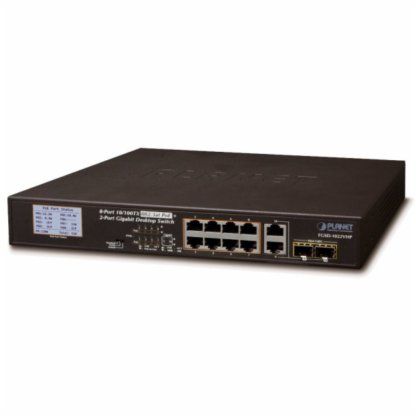 PLANET FGSD-1022VHP PoE switch, 8x100, 2x1000-TP/SFP, LCD, VLAN, extend mód 10Mb do 250m, IEEE 802.3at<120W