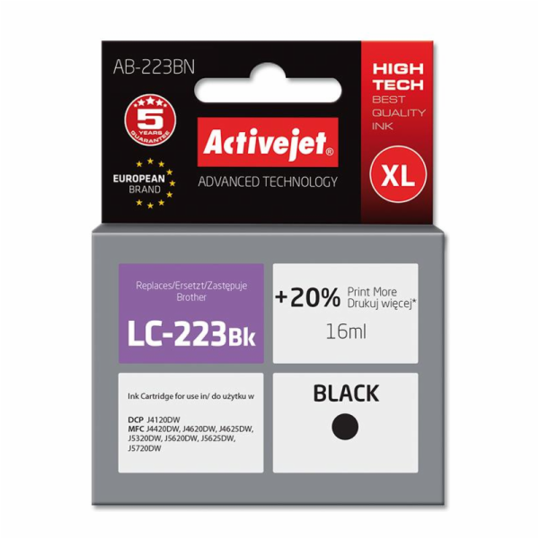 Activejet AB-223BN ink for Brother printer; Brother LC223Bk replacement; Supreme; 16 ml; black
