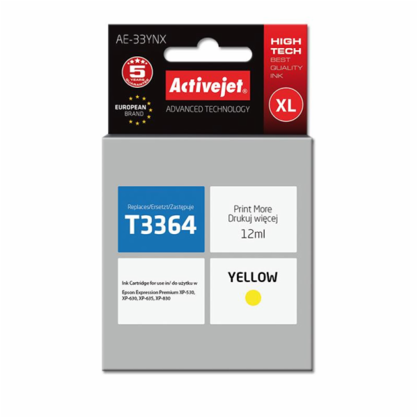 Žlutý inkoust Activejet AE-33YNX pro tiskárnu Epson (náhradní Epson 33XL T3364) Supreme