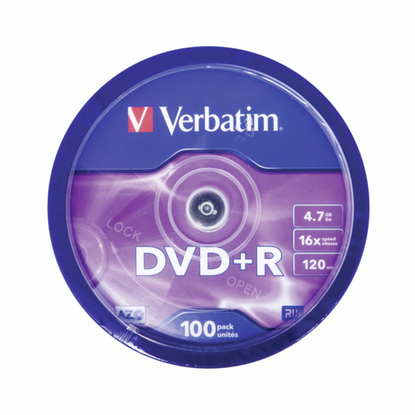1x100 Verbatim DVD+R 4,7GB 16x Speed, matny stribrna