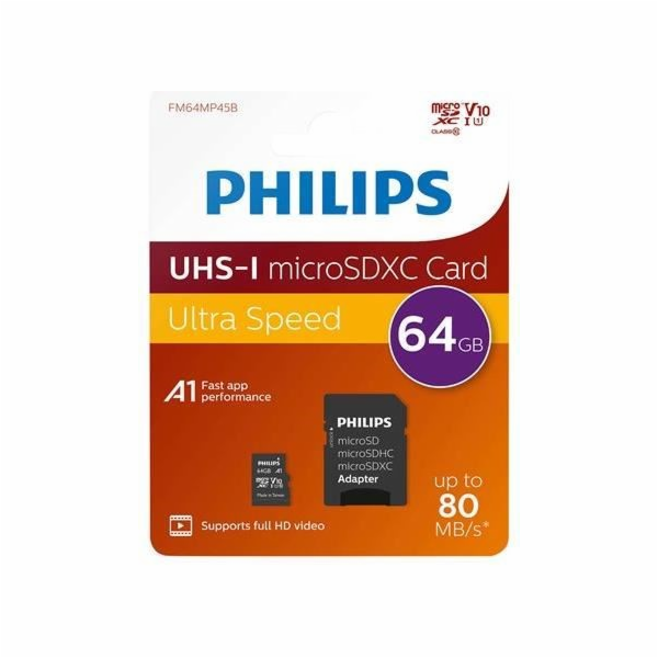 Philips MicroSDXC Card 64GB Class 10 UHS-I U1 vc. Adapter