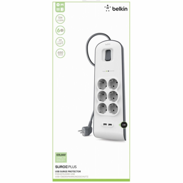 Belkin Surge Plus prepetova ochrana 6-zasuv. + 2 x USB 2,4A