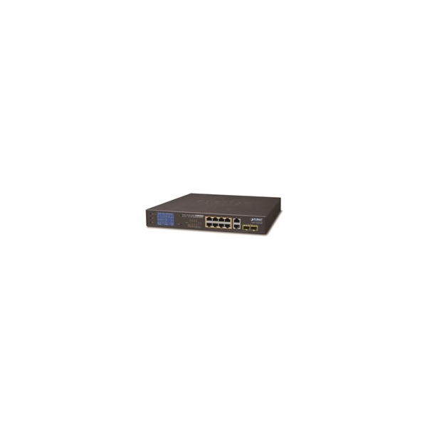 Planet GSD-1222VHP PoE switch, 8x PoE + 2x 1000Base-T + 2x SFP, LCD,VLAN, extend mód 10Mb do 250m, IEEE 802.3at 120W