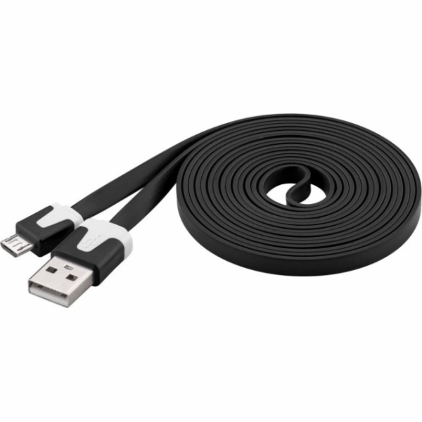 Kabel micro USB 2.0, A-B 2 m, plochý PVC kabel, černý