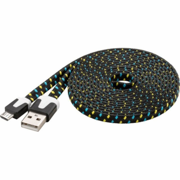 Kabel micro USB 2.0, A-B 2 m, plochý textilní kabel, černo-modro-žlutý