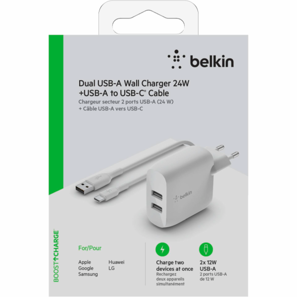 Belkin Dual USB-A nabijecka, 24W vc. USB-C kabel 1m, bila