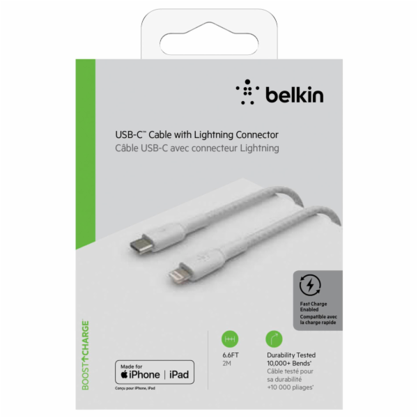 Belkin Lightning/USB-C kabel 2m opletený, mfi cert., bílý