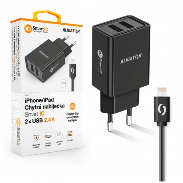 ALIGATOR CHA0035 Chytrá síťová nabíječka ALIGATOR 2.4A, 2xUSB, smart IC, černá, kabel pro iPhone/iPad 2A