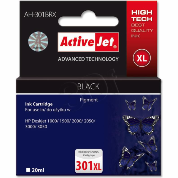 Activejet Ink Cartridge AH-301BRX for HP Printer Compatible with HP 301XL CH563EE; Premium; 20 ml; black. Prints 40% more.