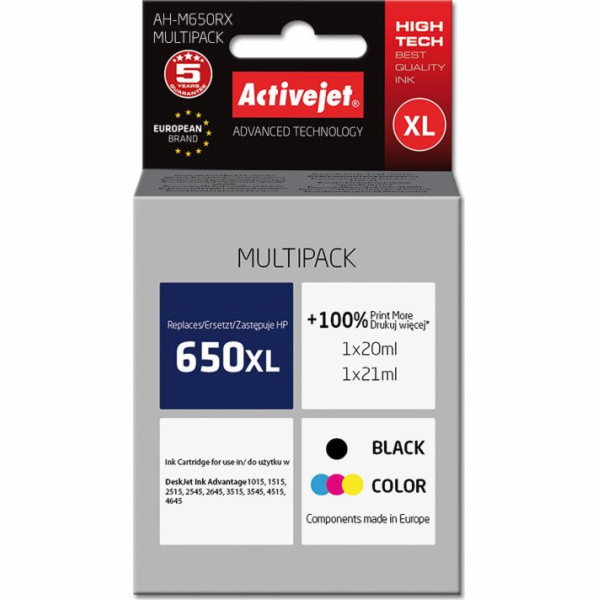 Activejet AH-650RX ink (replacement for HP 650 CZ102AE; Premium; 1 x 20 ml 1 x 21 ml; black color)