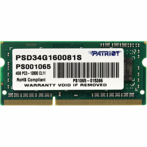 Paměť pro notebook Patriot Signature, SODIMM, DDR3, 4 GB, 1600 MHz, CL11 (PSD34G160081S)