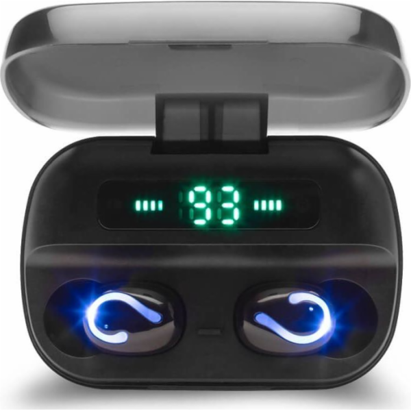Savio TWS-06 BT 5.0 Bluetooth bezdrátová sluchátka s mikrofonem, powerbankou a led