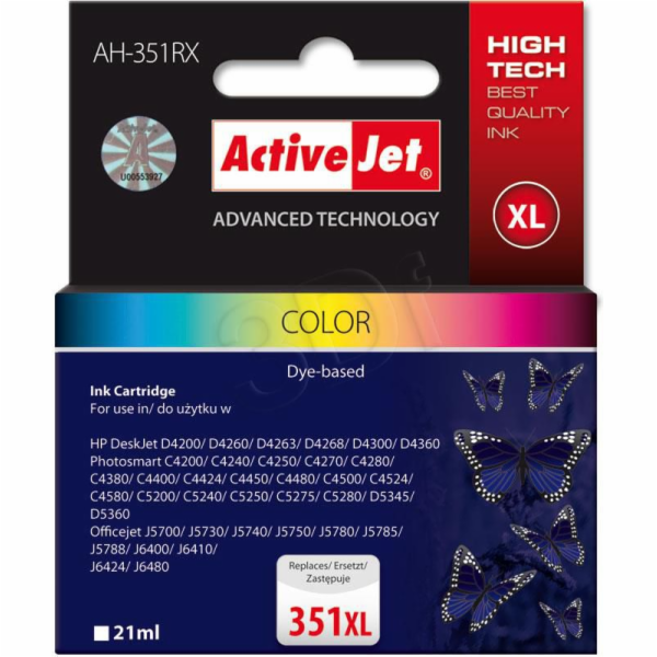Activejet Ink Cartridge AH-351RX for HP Printer Compatible with HP 351XL CB338EE; Premium; 21 ml; colour.
