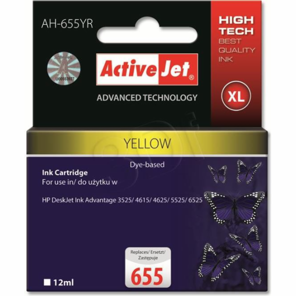 Activejet AH-655YR ink for HP printer; HP 655 CZ112AE replacement; Premium; 12 ml; yellow