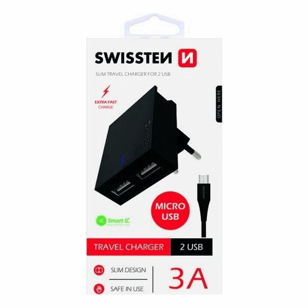 Swissten Síťový Adaptér Smart Ic 2X Usb 3A Power + Datový Kabel Usb / Micro Usb 1,2 M Černý