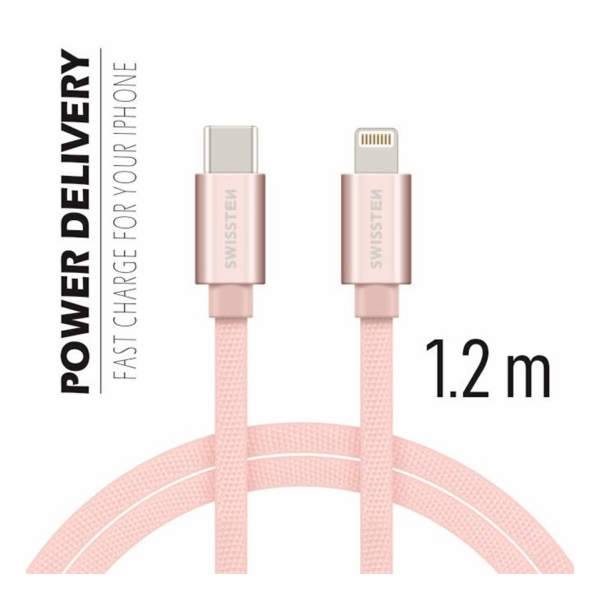 Swissten Datový Kabel Textile USB-C / Lightning 1,2 M Růžovo/Zlatý