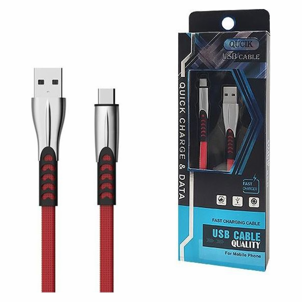 USB CABLE TYP-C 2.4A RED FLAT 2400mAh QUICK CHARGER QC 3.0 1M POWERLINE SMS-BW02 - METAL PLUGSS