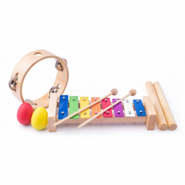 Hračka Woody Muzikální set (xylofon, tamburína, dřívka, 2 maracas vajíčka)