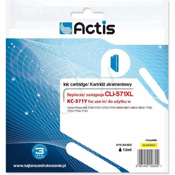 Actis KC-571Y ink for Canon printer; Canon CLI-571Y replacement; Standard; 12 ml; yellow