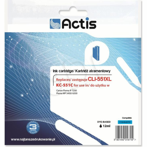 Actis KC-551C ink for Canon printer; Canon CLI-551C replacement; Standard; 12 ml; cyan (with chip)