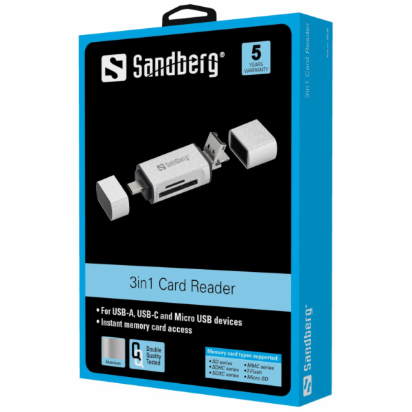 Sandberg čtečka paměťových karet 3v1 konektory USB-C+USB+MicroUSB(M), sloty SD a microSD(F)