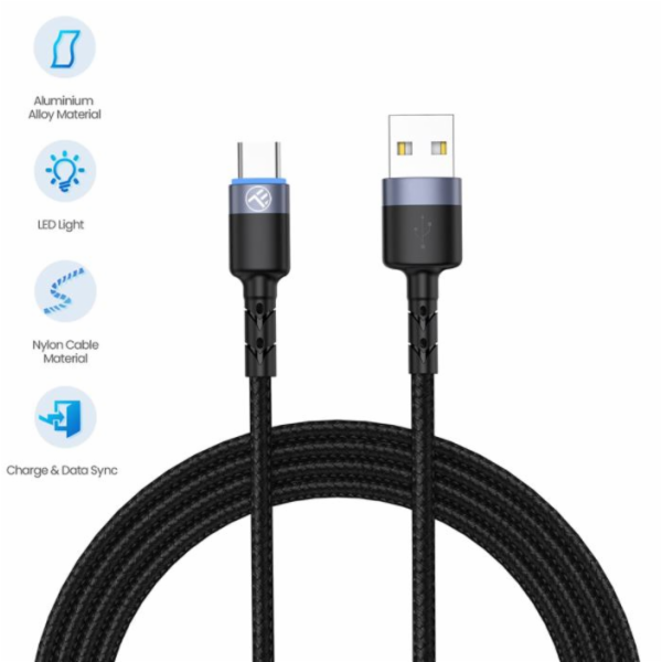 Tellur Data cable, USB to Type-C, LED, Nylon Braided, 1.2m black