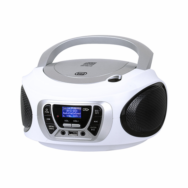 Přehrávač Trevi, CMP 510 DAB WH, přenosné, DAB/DAB+,FM, CD-MP3, CD-R/RW, USB, dálkový ovladač, 230 V nebo baterie 4xC, barva bílá