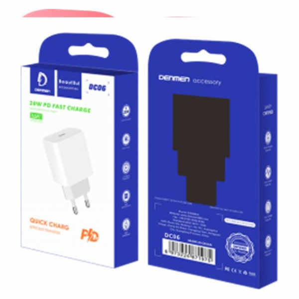 TRAVEL CHARGER DENMEN DC06 SINGLE 3.6A 20W WHITE 3600mAh TYPE-C POWER DELIVERY INPUT