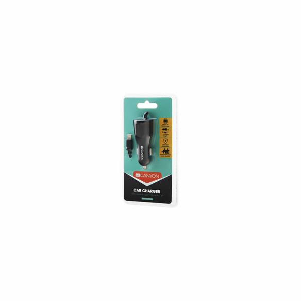 CANYON Univerzální 1xUSB auto nabíječka s lighting kabelem, Input 12V-24V, Output 5V-2.4A, Smart IC, černá