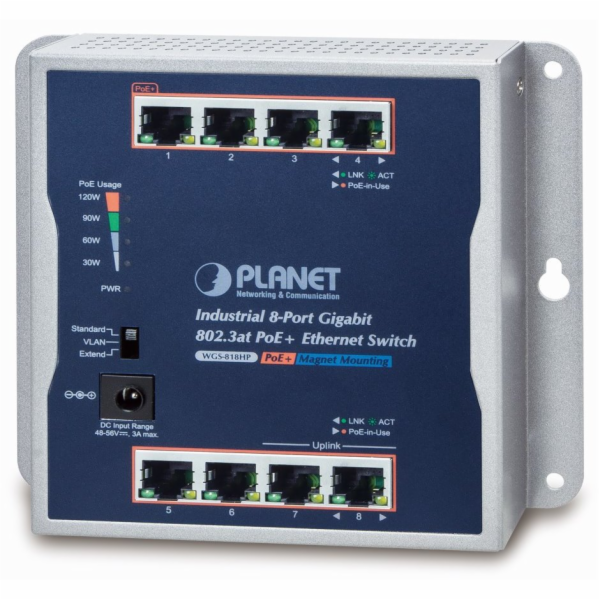Planet WGS-818HP Planet průmyslový plochý switch 8x 1Gb, 8x PoE 30/120W, 48-56V, IP30, -20/60st, fanless