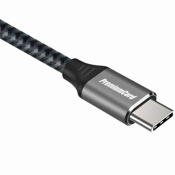 PremiumCord USB-C zahnutý kabel ( USB 3.2 GEN 2x2, 5A, 100W, 20Gbit/s ) 0,5m hliníkové krytky konektorů, bavlněný oplet