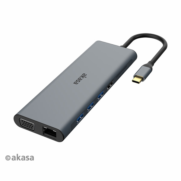 AKASA Dokovací stanice USB-C 14v1, USB-C (power+data), USB 2.0, 2xHDMI, VGA, RJ45, USB 3.2, čtečka karet, 3,5mm jack