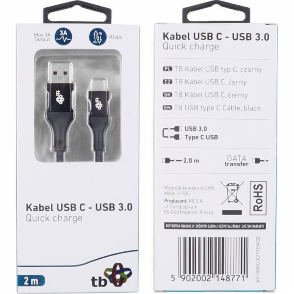 USB TB TB kabel USB 3.0 - USB C kabel 2m PREMIUM 3A černý TPE