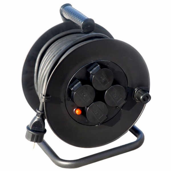Solight prodlužovací přívod na bubnu, 4 zásuvky, venkovní, 25m gumový kabel, 3x 1,5mm2, IP44