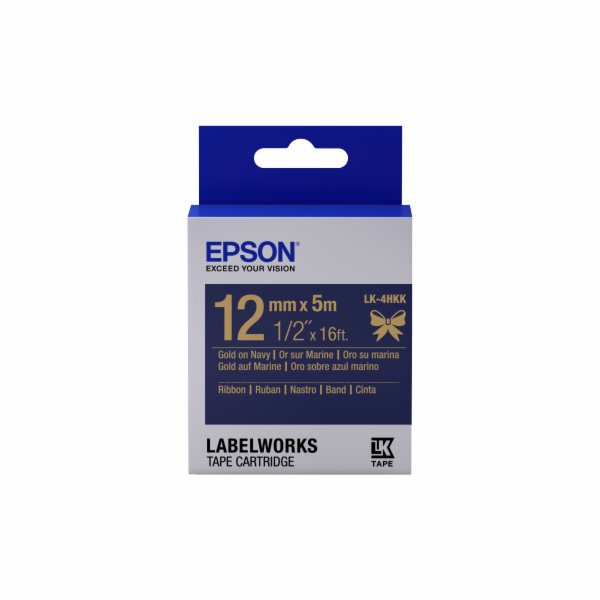 EPSON POKLADNÍ SYSTÉMY Epson zásobník se štítky – saténový pásek, LK-4HKK, zlatá / námořnická modrá, 12 mm (5 m) C53S654002 Epson zásobník se štítky – saténový pásek, LK-4HKK, zlatá / námořnická modrá