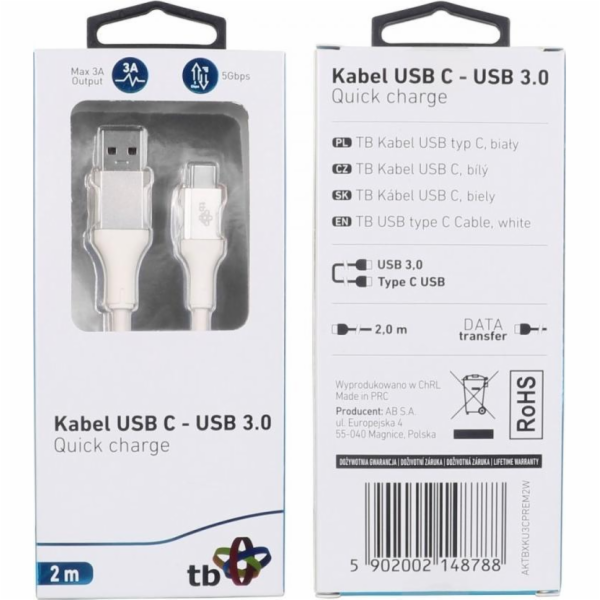 TB Touch AKTBXKU3CPREM2W TB USB 3.0/USB-C, 2m, bílý TB USB 3.0/USB-C 2m premium 3A bílý