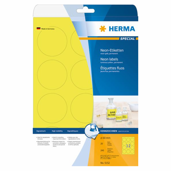 Herma Color etikety 5152, A4, kulaté, 60 mm, matné zářivě žluté, 240 ks (5152)