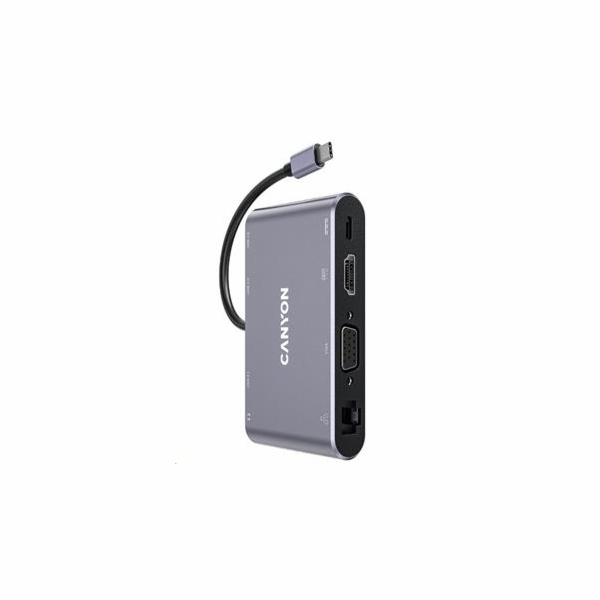 CANYON replikátor portů DS-14 8v1, 1xUSB-C PD 100W, 1xHDMI (4K), VGA, 3xUSB-A 3.0, RJ45 Gb, 3.5mm jack