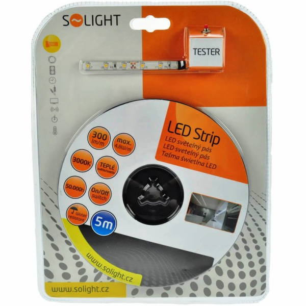 Solight LED světelný pás s testrem, 5m, sada s 12V adaptérem, 4,8W/m, IP65, teplá bílá - WM51-65T