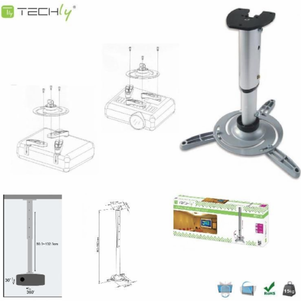 TECHLY držák projektoru stropní nastavitelný 60-102 cm, 15 kg