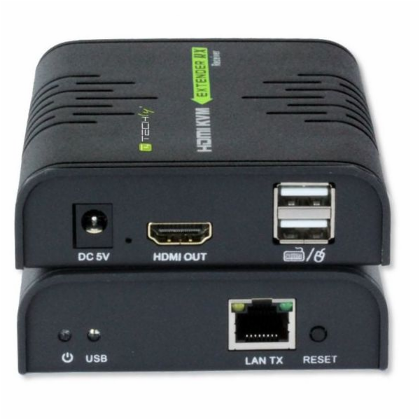 Techly KVM Extender HDMI + USB přepínač (myš, klávesnice) přes Cat5/5e/6 kroucený pár až 120m (028214)