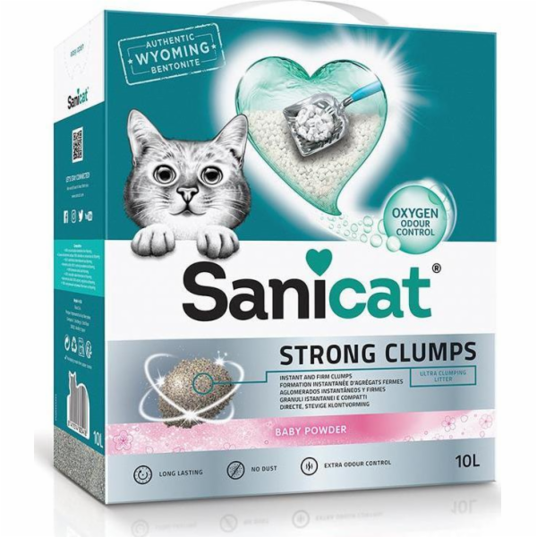 Stelivo pro kočky Sanicat Strong Clumps, stelivo pro kočky, bentonit, dětský pudr, 10l, hrudkující