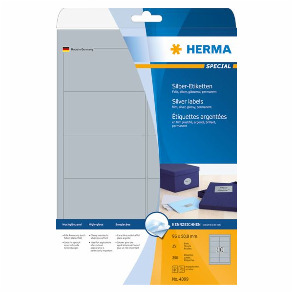 Herma Foil etikety 4099, A4, 96 x 50,8 mm, lesklá stříbrná fólie, 260 ks (4099)