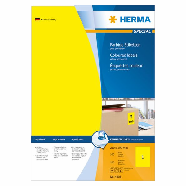 Herma Color etikety A4, samolepící, žlutý matný papír, 100 ks (4401)